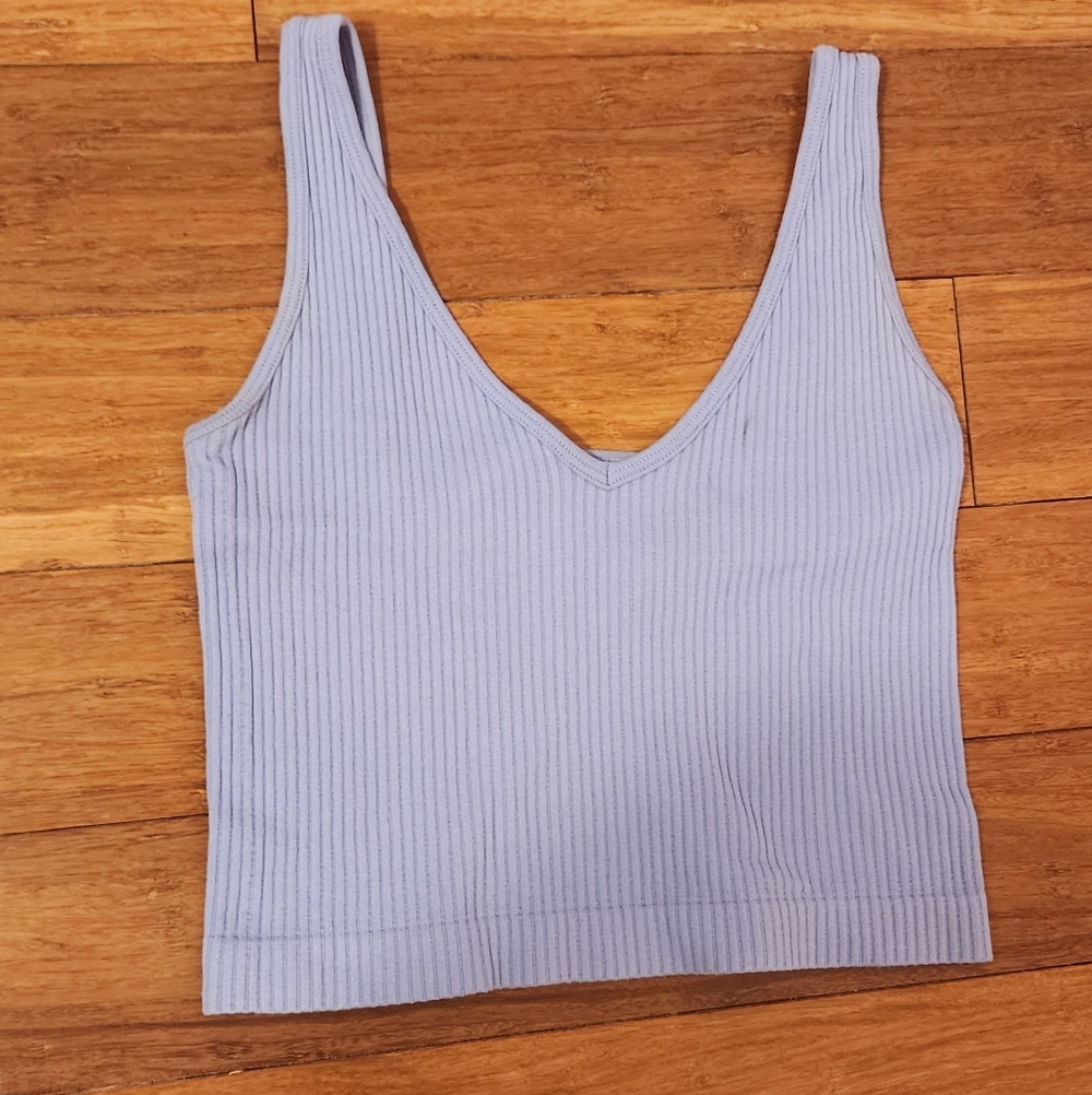 Aura Light Blue Ribbed V-Neck Crop Tank